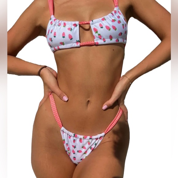 Pretty Woman Boutique Other - Strawberry Print Red Gingham Trim Brazilian Bikini Set